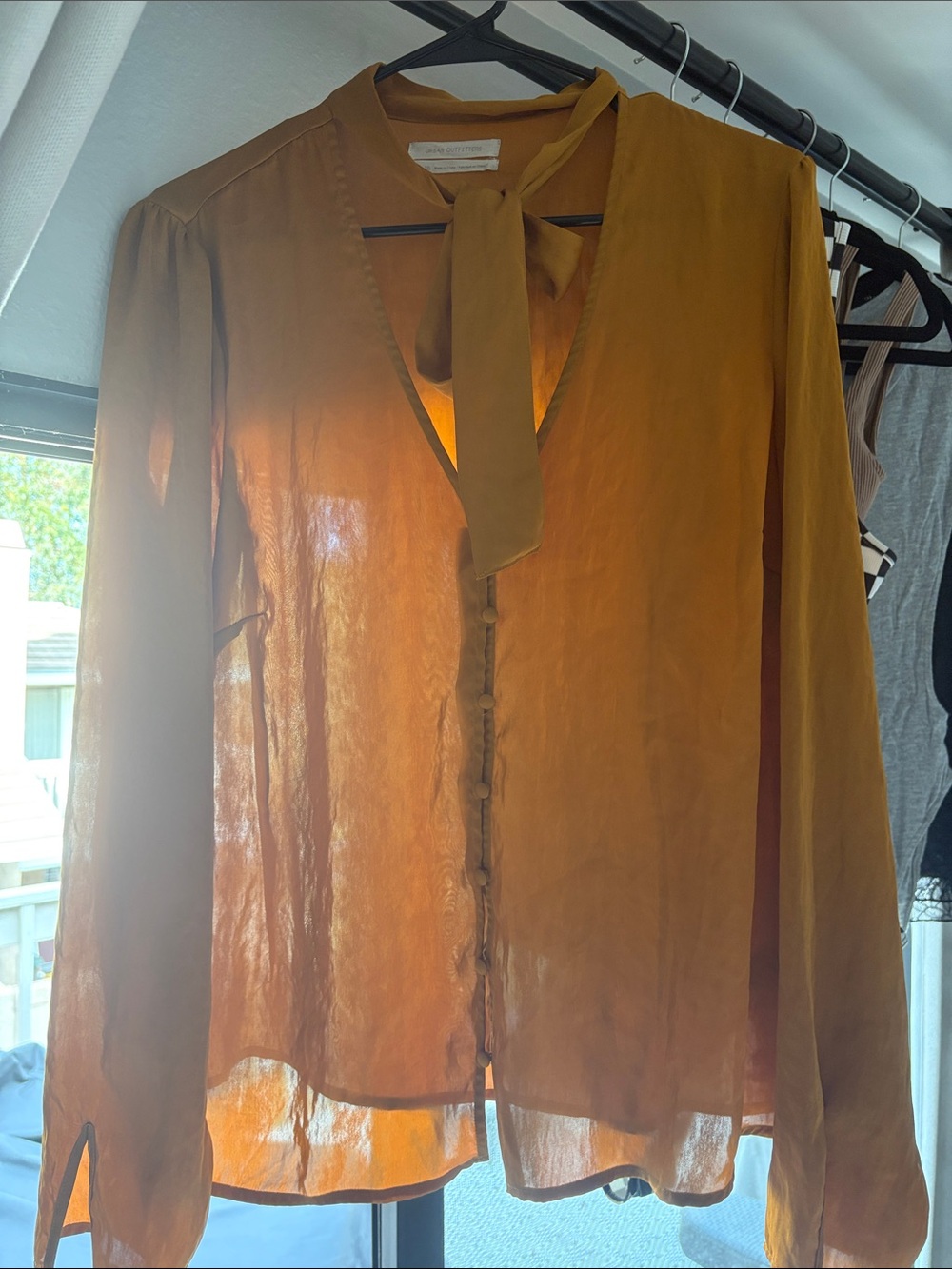 Tie-Neck Silk Blouse in Mustard Yellow